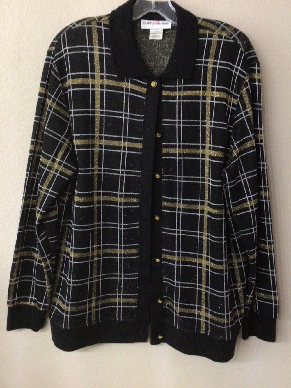 Vintage Cathy Daniels cardigan with gold and silver metallic threading. Size L.